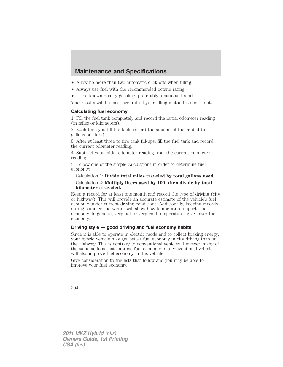 Calculating fuel economy, Maintenance and specifications | Lincoln 2011 MKZ Hybrid User Manual | Page 304 / 348