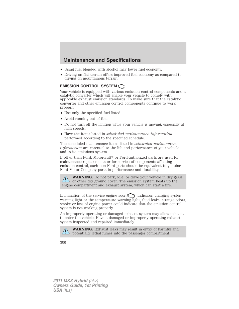 Emission control system, Maintenance and specifications | Lincoln 2011 MKZ Hybrid User Manual | Page 306 / 348