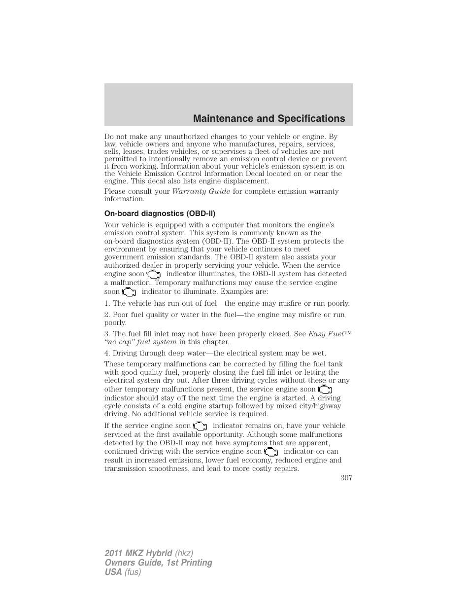 On-board diagnostics (obd-ii), Maintenance and specifications | Lincoln 2011 MKZ Hybrid User Manual | Page 307 / 348