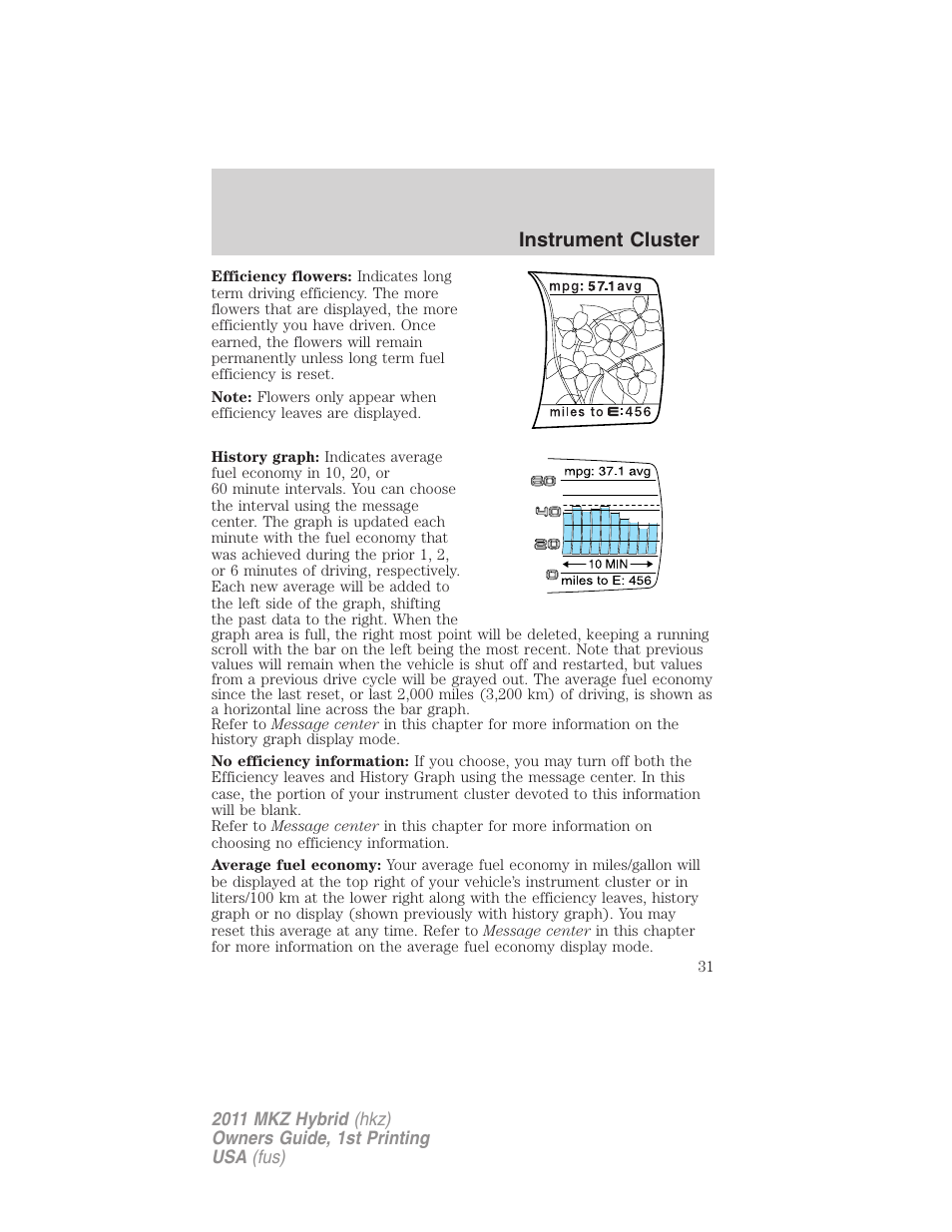 Instrument cluster | Lincoln 2011 MKZ Hybrid User Manual | Page 31 / 348