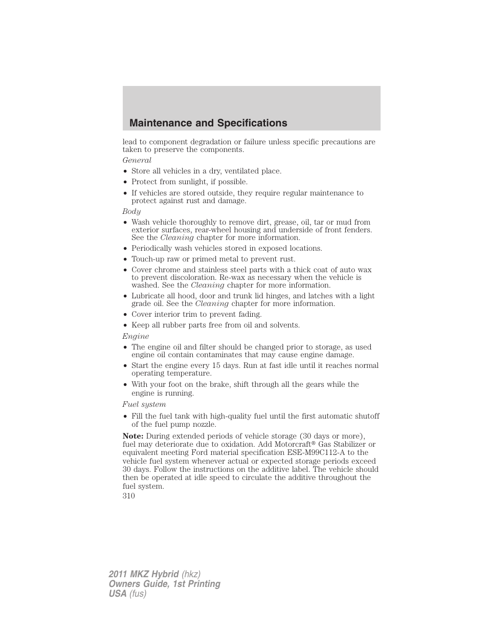 Maintenance and specifications | Lincoln 2011 MKZ Hybrid User Manual | Page 310 / 348