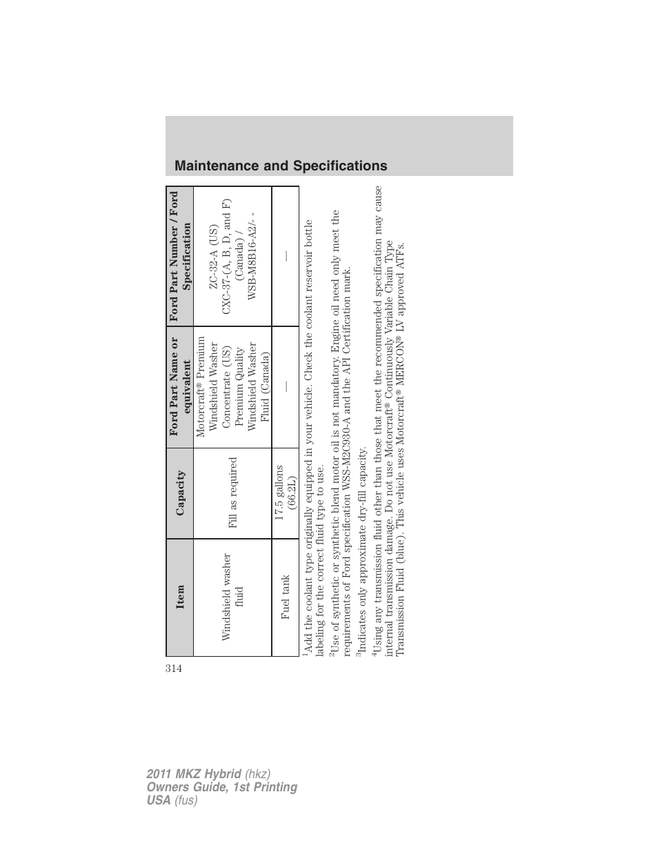 Maintenance and specifications | Lincoln 2011 MKZ Hybrid User Manual | Page 314 / 348