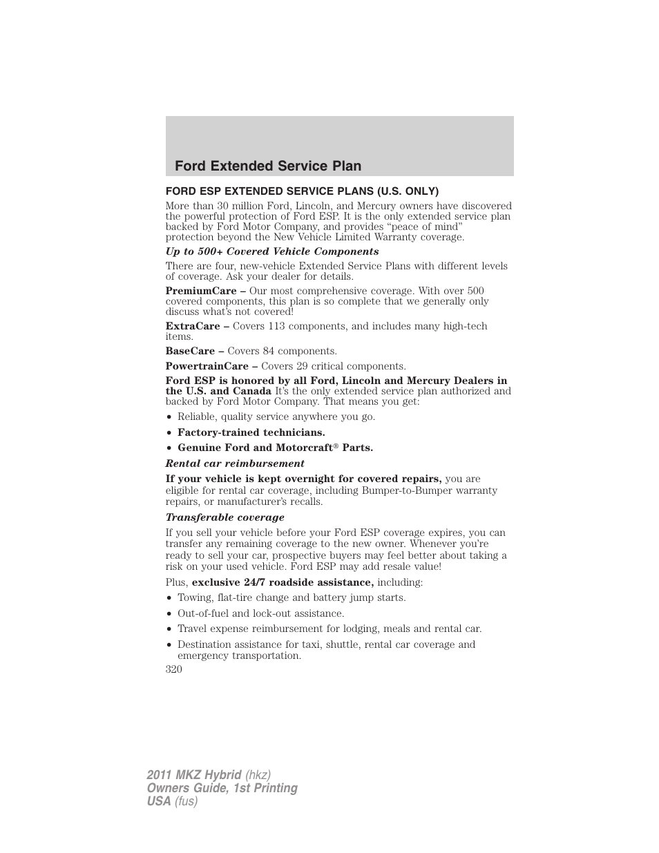 Ford extended service plan, Ford esp extended service plans (u.s. only) | Lincoln 2011 MKZ Hybrid User Manual | Page 320 / 348