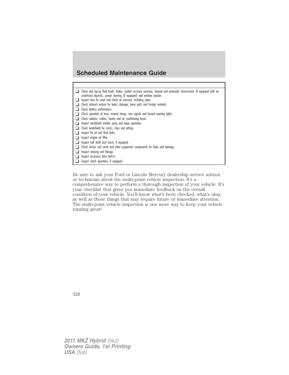 Scheduled maintenance guide | Lincoln 2011 MKZ Hybrid User Manual | Page 328 / 348