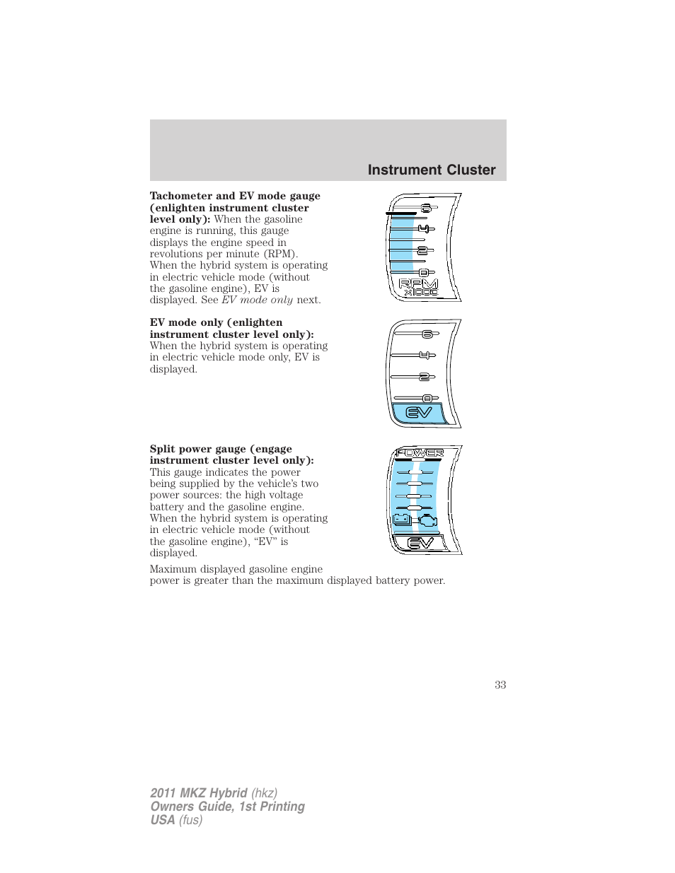 Instrument cluster | Lincoln 2011 MKZ Hybrid User Manual | Page 33 / 348