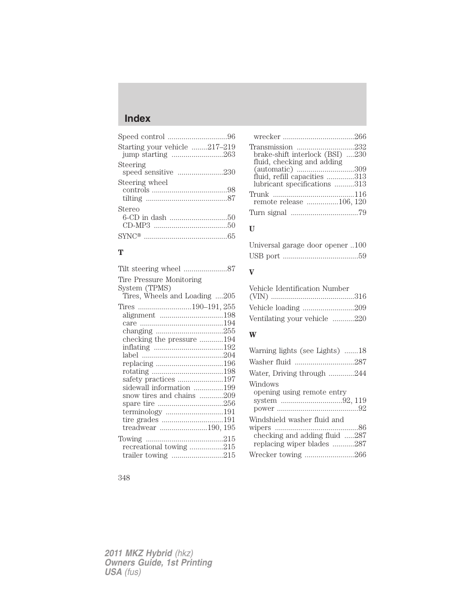 Index | Lincoln 2011 MKZ Hybrid User Manual | Page 348 / 348