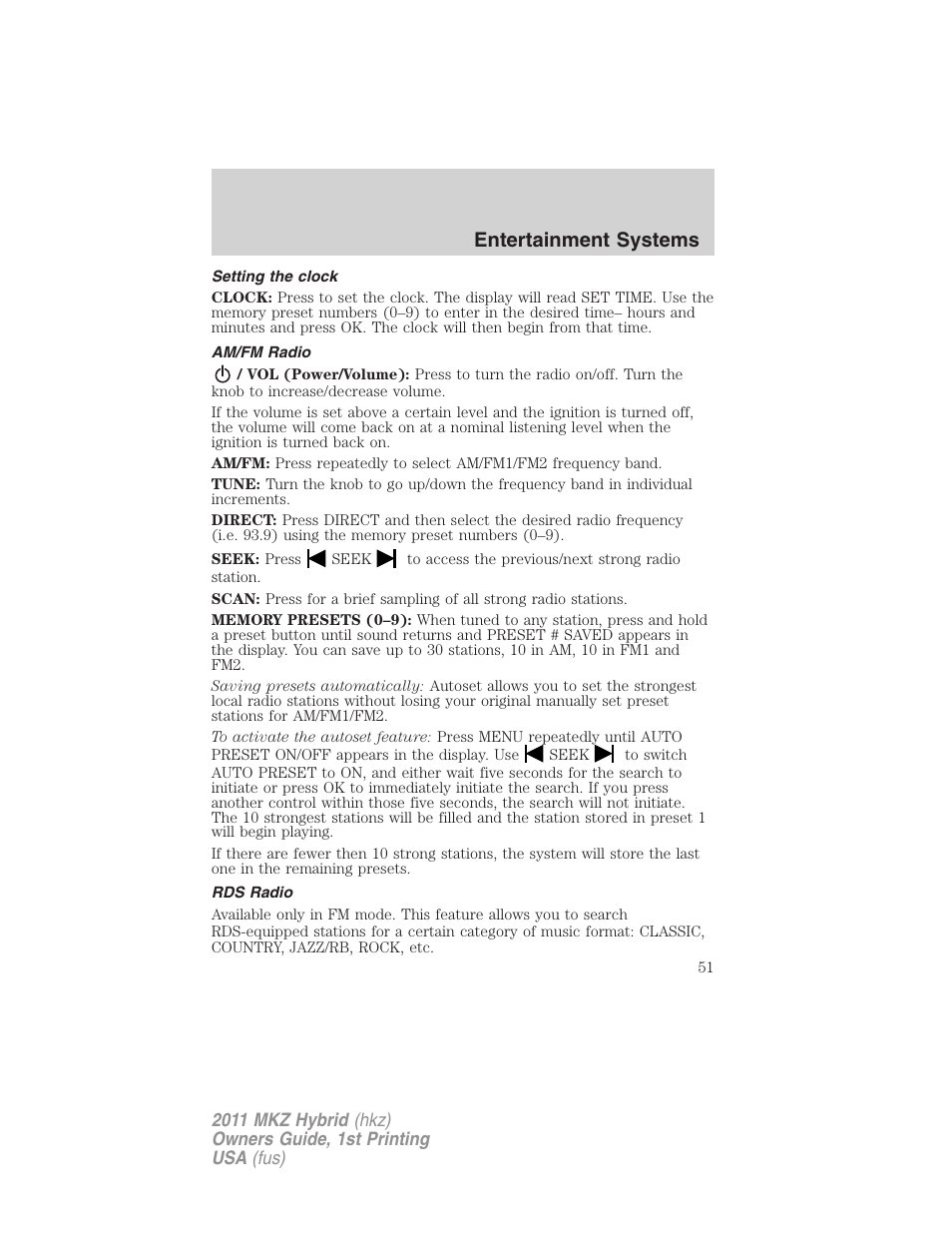 Setting the clock, Am/fm radio, Rds radio | Entertainment systems | Lincoln 2011 MKZ Hybrid User Manual | Page 51 / 348