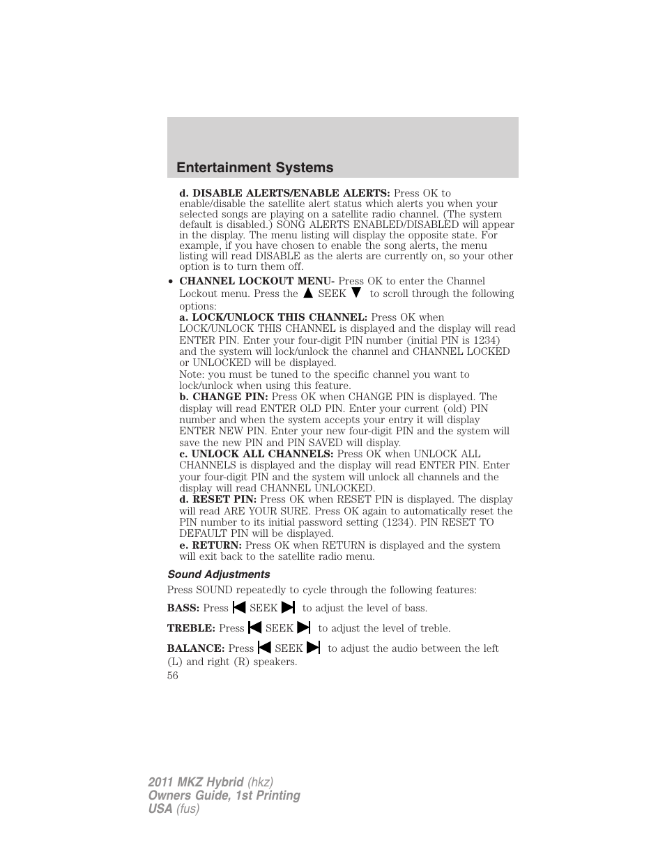 Sound adjustments, Entertainment systems | Lincoln 2011 MKZ Hybrid User Manual | Page 56 / 348