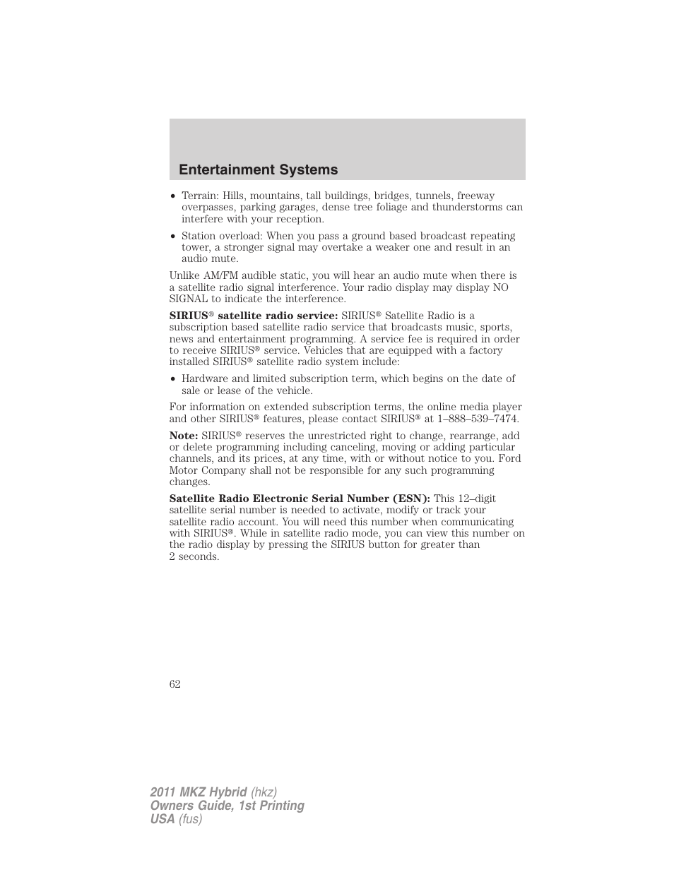 Entertainment systems | Lincoln 2011 MKZ Hybrid User Manual | Page 62 / 348