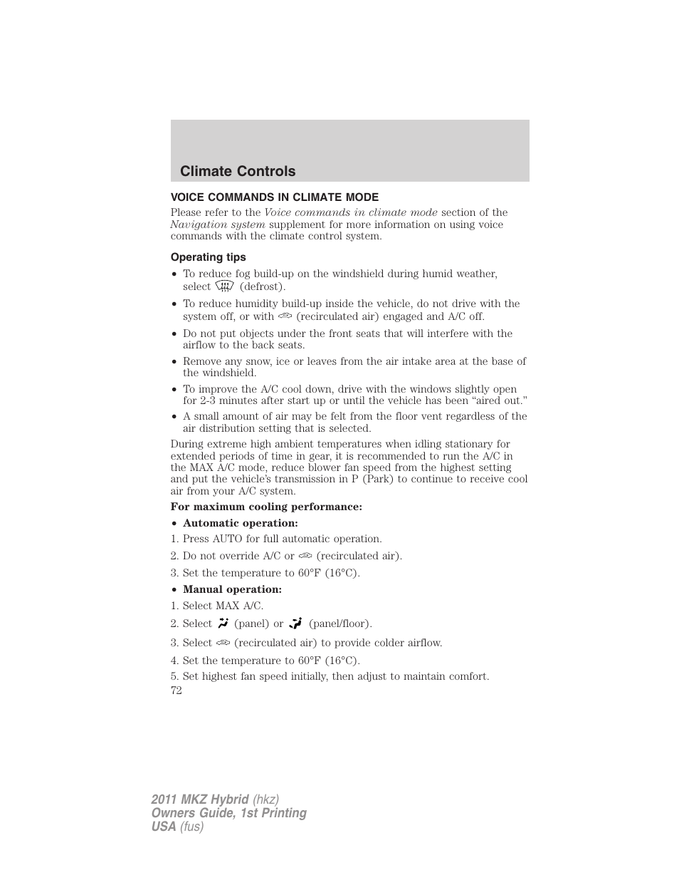 Voice commands in climate mode, Operating tips, Climate controls | Lincoln 2011 MKZ Hybrid User Manual | Page 72 / 348