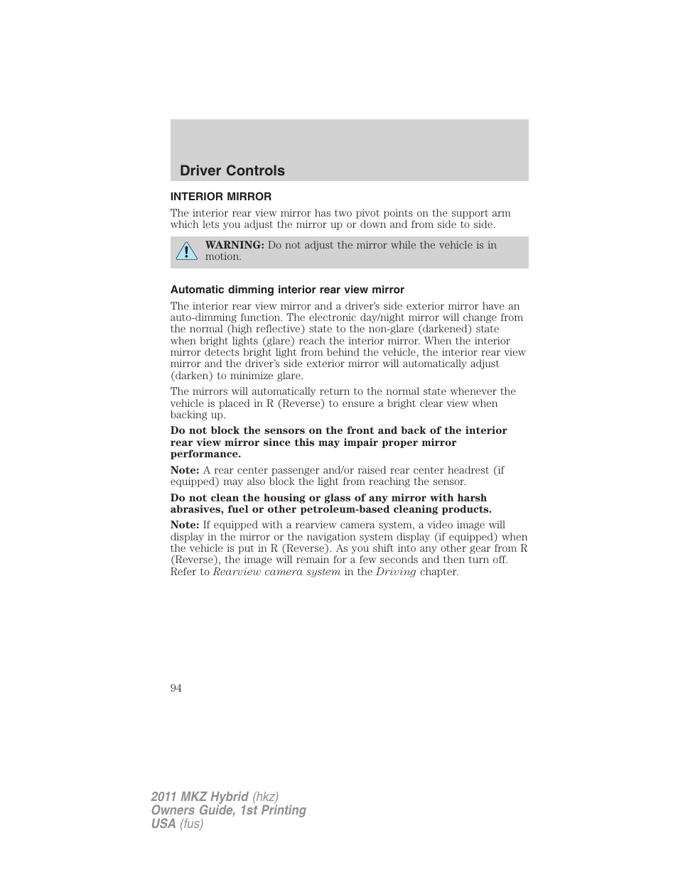 Interior mirror, Automatic dimming interior rear view mirror, Mirrors | Driver controls | Lincoln 2011 MKZ Hybrid User Manual | Page 94 / 348