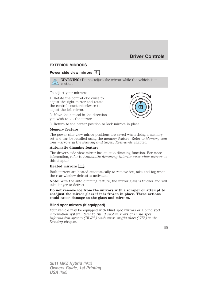 Exterior mirrors, Power side view mirrors, Blind spot mirrors (if equipped) | Driver controls | Lincoln 2011 MKZ Hybrid User Manual | Page 95 / 348