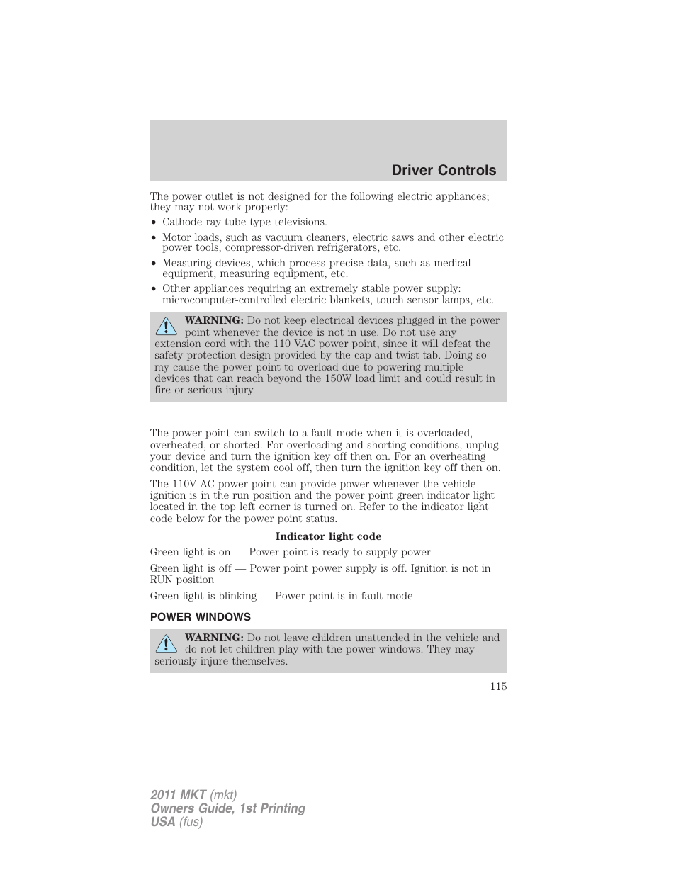 Power windows, Driver controls | Lincoln 2011 MKT User Manual | Page 115 / 454