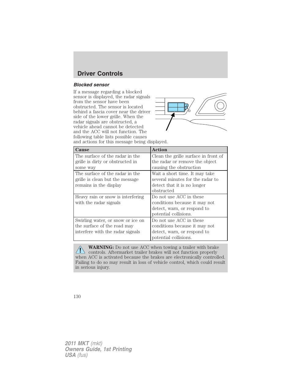 Blocked sensor, Driver controls | Lincoln 2011 MKT User Manual | Page 130 / 454