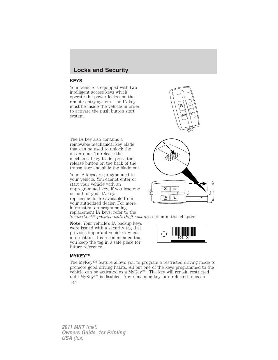 Locks and security, Keys, Mykey | Lincoln 2011 MKT User Manual | Page 144 / 454