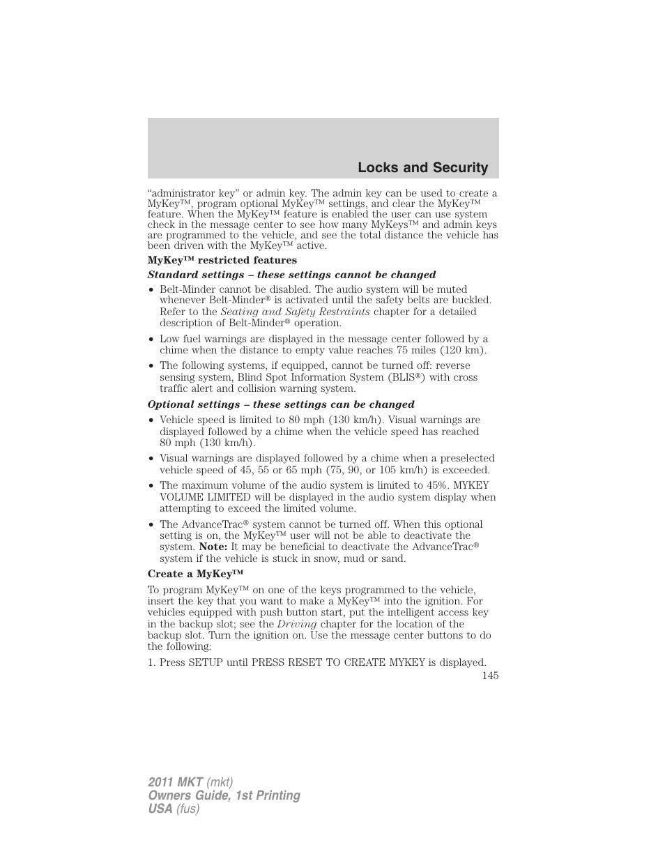 Locks and security | Lincoln 2011 MKT User Manual | Page 145 / 454