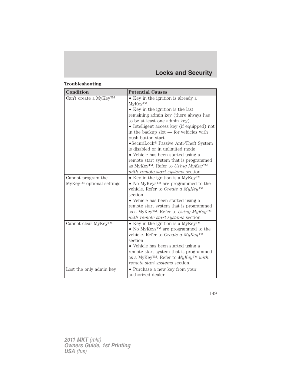 Locks and security | Lincoln 2011 MKT User Manual | Page 149 / 454