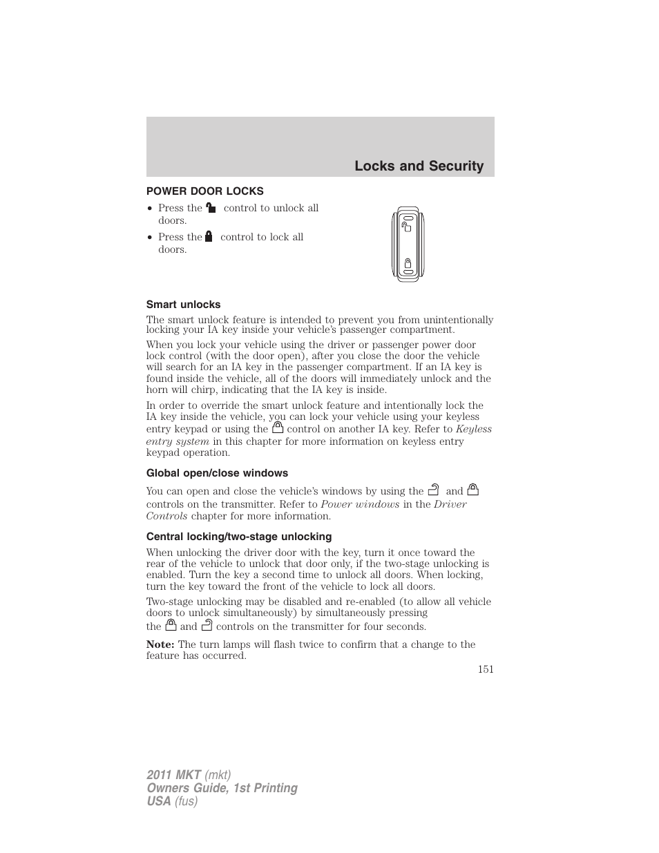 Power door locks, Smart unlocks, Global open/close windows | Central locking/two-stage unlocking, Locks, Locks and security | Lincoln 2011 MKT User Manual | Page 151 / 454