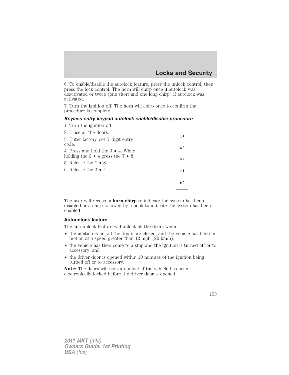 Autounlock feature, Locks and security | Lincoln 2011 MKT User Manual | Page 153 / 454