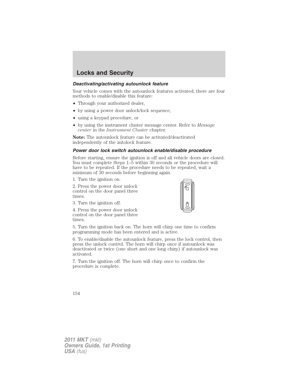 Deactivating/activating autounlock feature, Locks and security | Lincoln 2011 MKT User Manual | Page 154 / 454