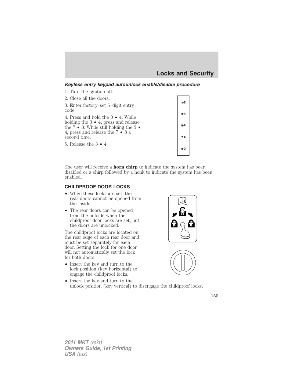 Childproof door locks, Locks and security | Lincoln 2011 MKT User Manual | Page 155 / 454