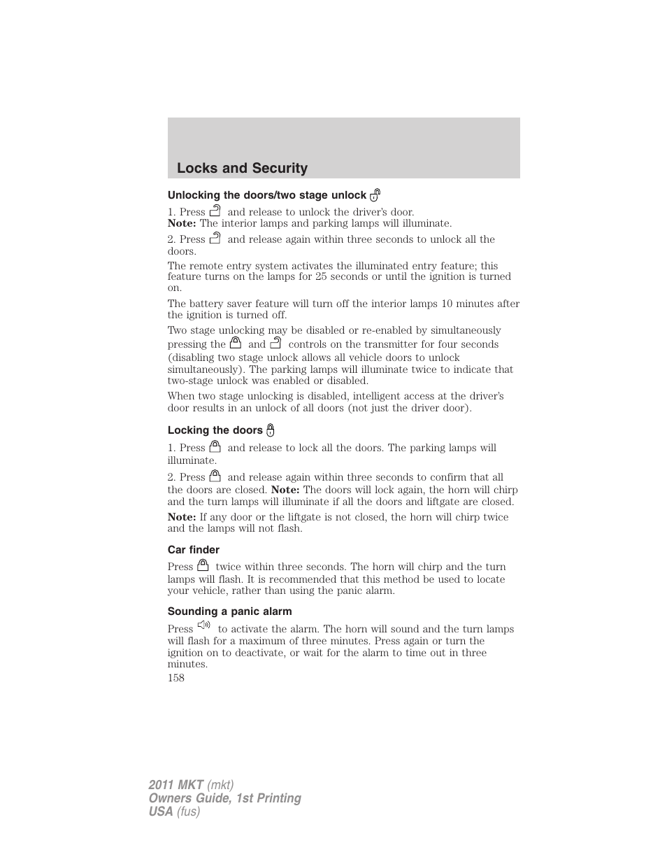 Unlocking the doors/two stage unlock, Locking the doors, Car finder | Sounding a panic alarm, Locks and security | Lincoln 2011 MKT User Manual | Page 158 / 454