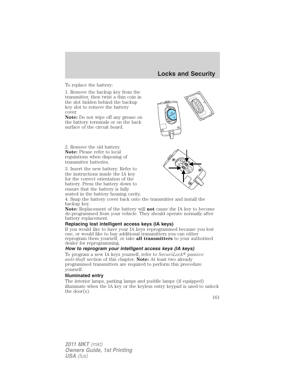 Replacing lost intelligent access keys (ia keys), Illuminated entry, Locks and security | Lincoln 2011 MKT User Manual | Page 161 / 454