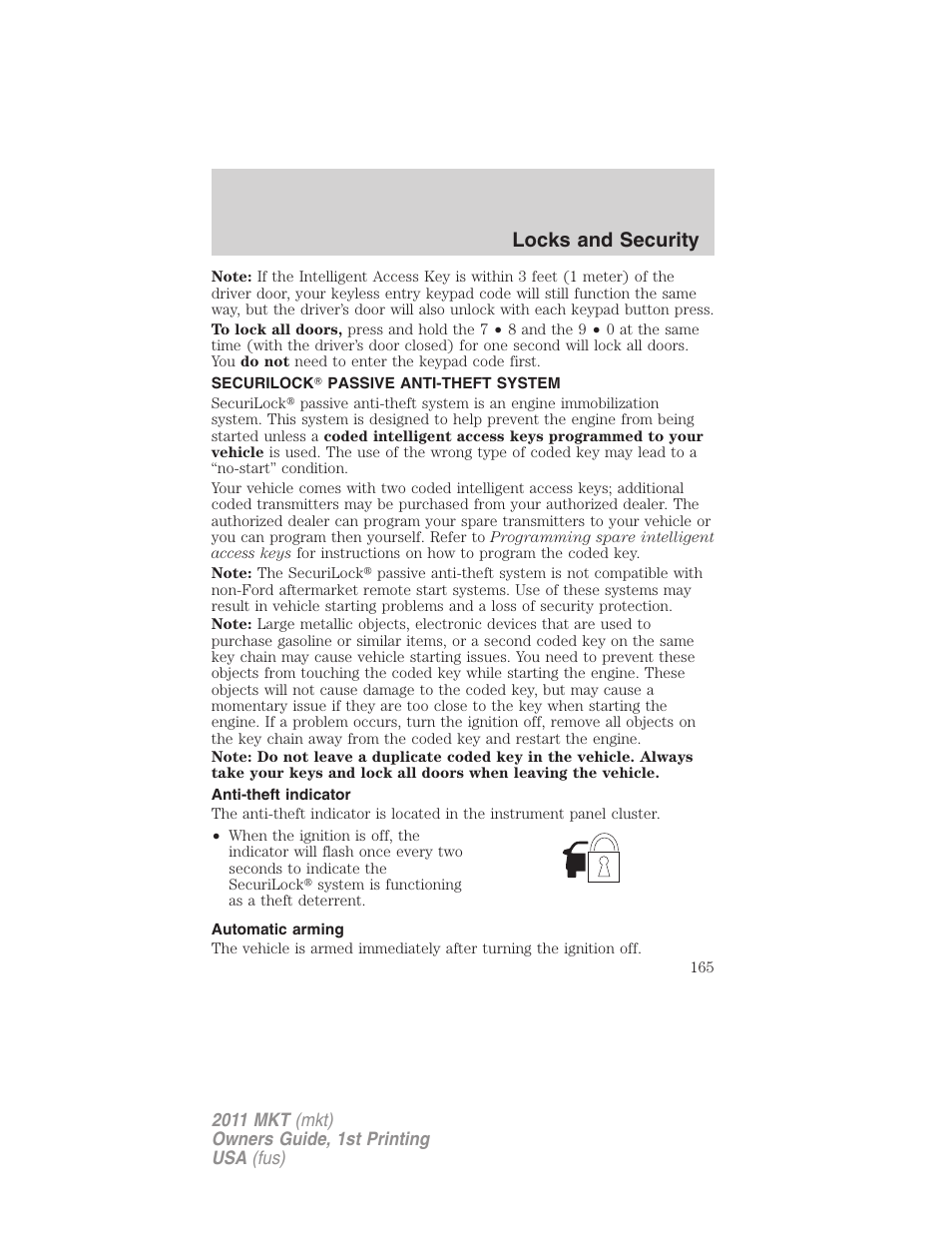 Securilock passive anti-theft system, Anti-theft indicator, Automatic arming | Anti-theft system, Locks and security | Lincoln 2011 MKT User Manual | Page 165 / 454