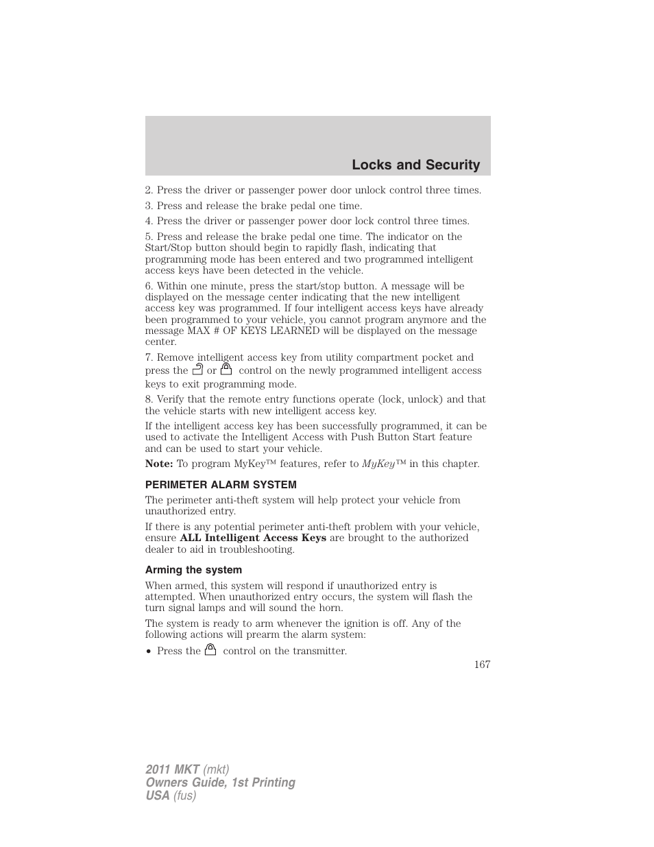 Perimeter alarm system, Arming the system, Locks and security | Lincoln 2011 MKT User Manual | Page 167 / 454