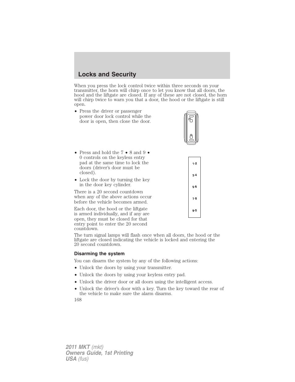 Disarming the system, Locks and security | Lincoln 2011 MKT User Manual | Page 168 / 454