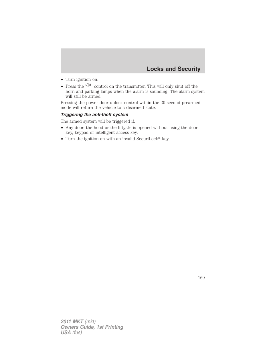 Triggering the anti-theft system, Locks and security | Lincoln 2011 MKT User Manual | Page 169 / 454