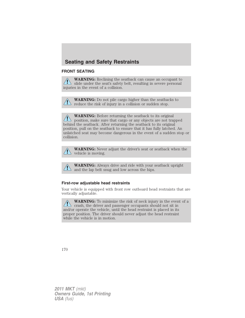 Seating and safety restraints, Front seating, First-row adjustable head restraints | Seating | Lincoln 2011 MKT User Manual | Page 170 / 454