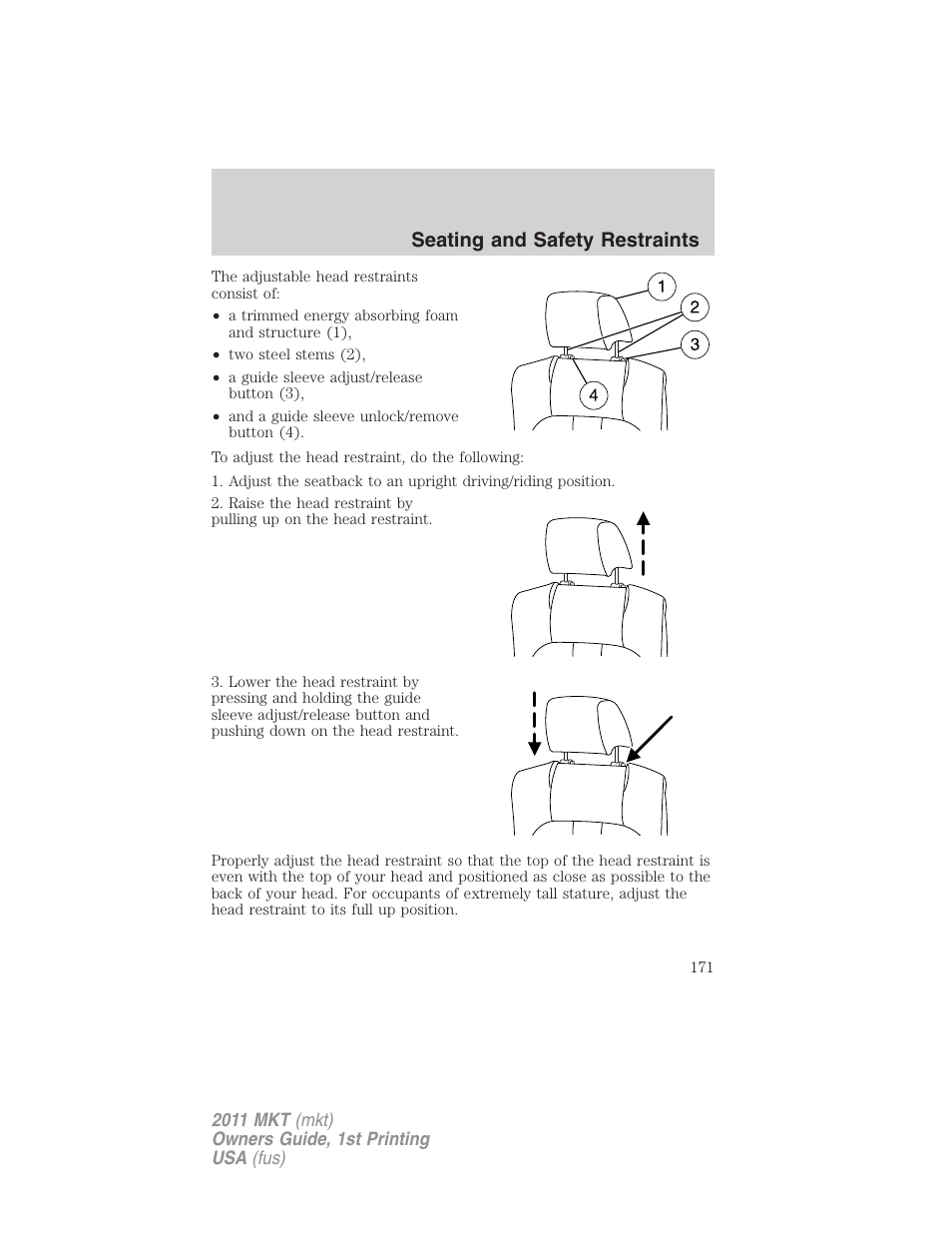 Seating and safety restraints | Lincoln 2011 MKT User Manual | Page 171 / 454