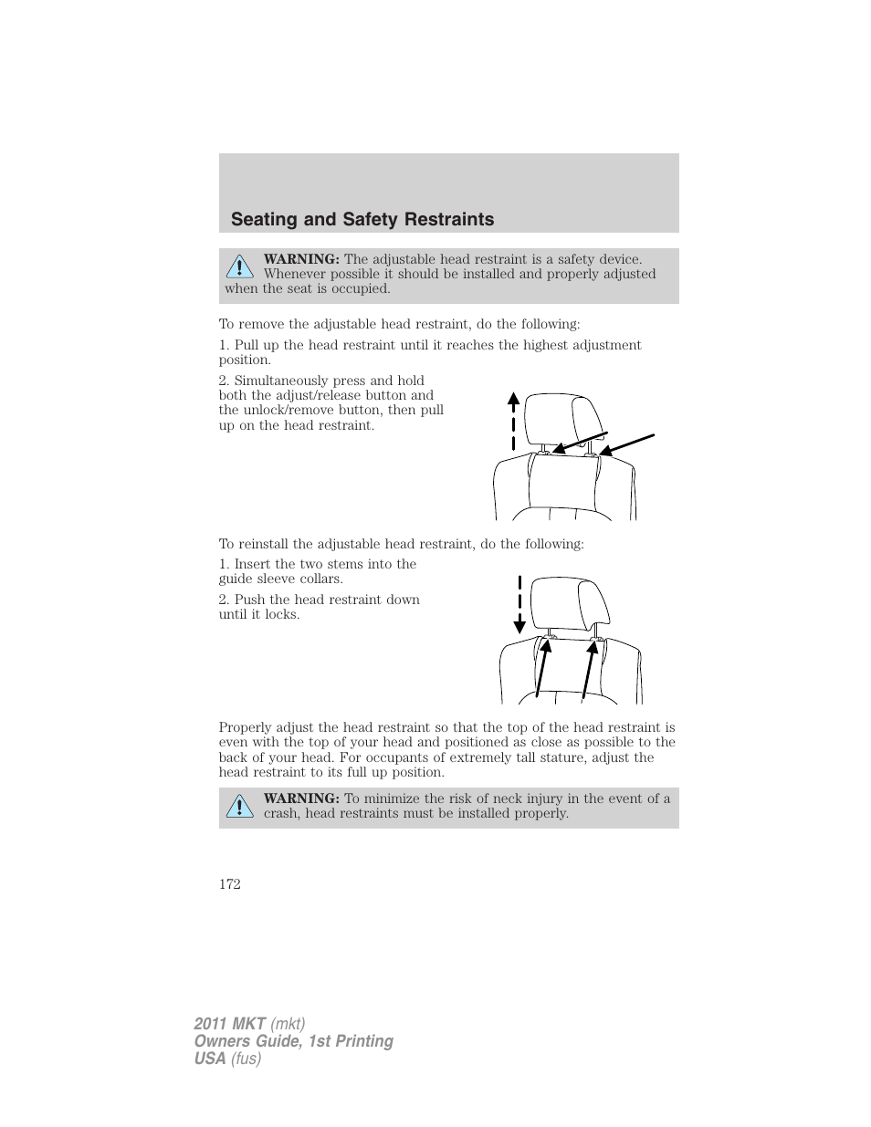 Seating and safety restraints | Lincoln 2011 MKT User Manual | Page 172 / 454