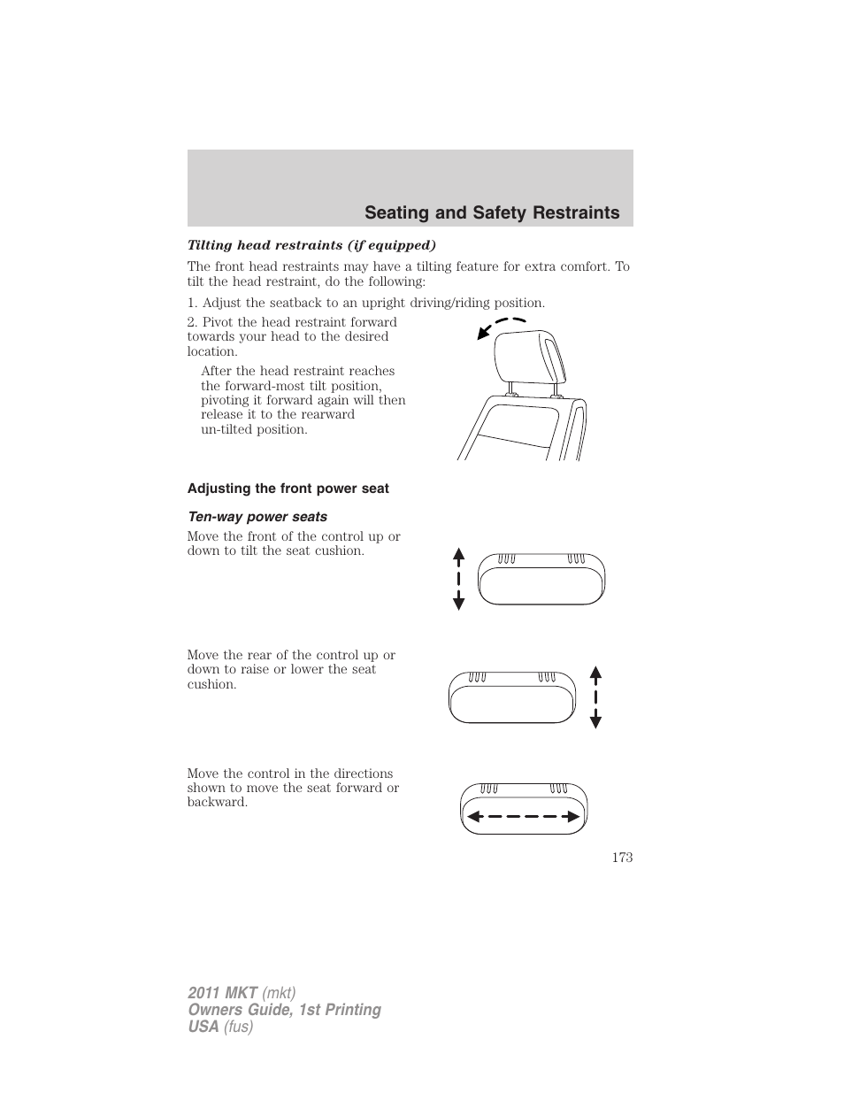 Adjusting the front power seat, Ten-way power seats, Seating and safety restraints | Lincoln 2011 MKT User Manual | Page 173 / 454