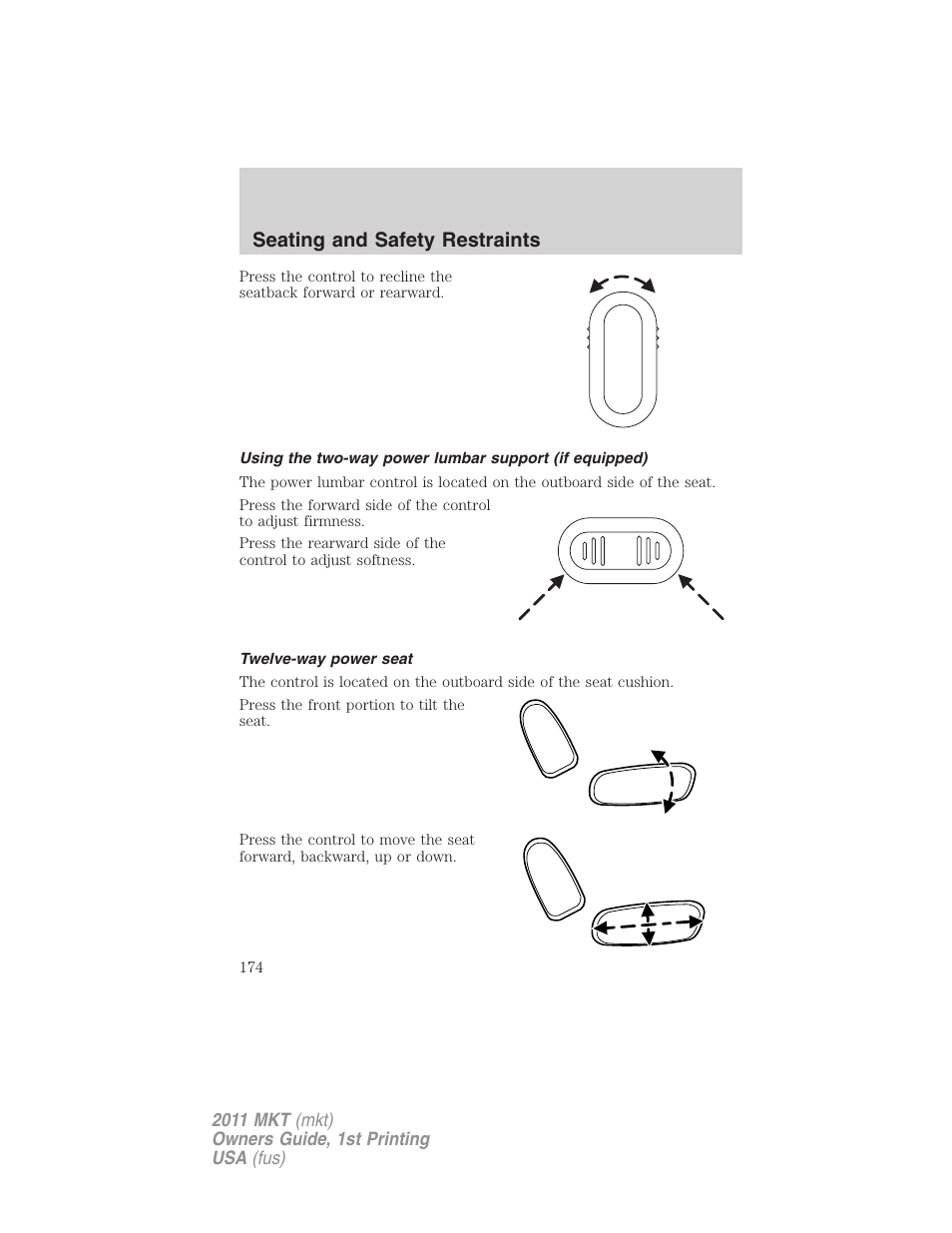 Twelve-way power seat, Seating and safety restraints | Lincoln 2011 MKT User Manual | Page 174 / 454