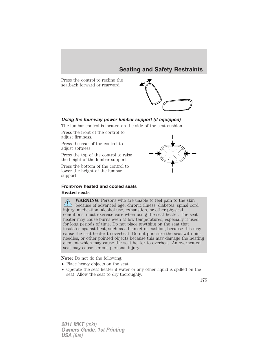 Front-row heated and cooled seats, Seating and safety restraints | Lincoln 2011 MKT User Manual | Page 175 / 454