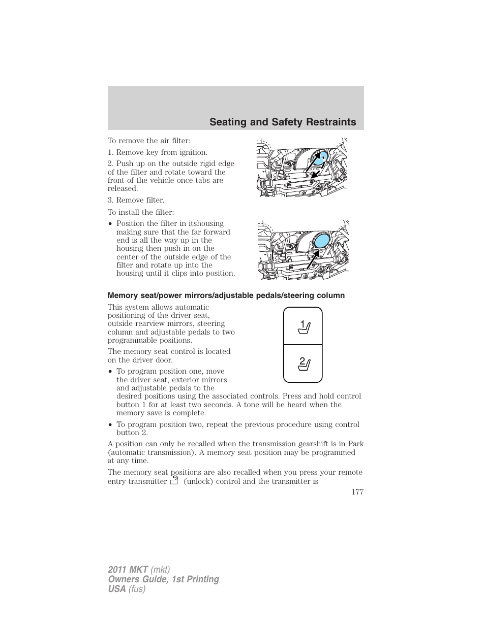 Seating and safety restraints | Lincoln 2011 MKT User Manual | Page 177 / 454