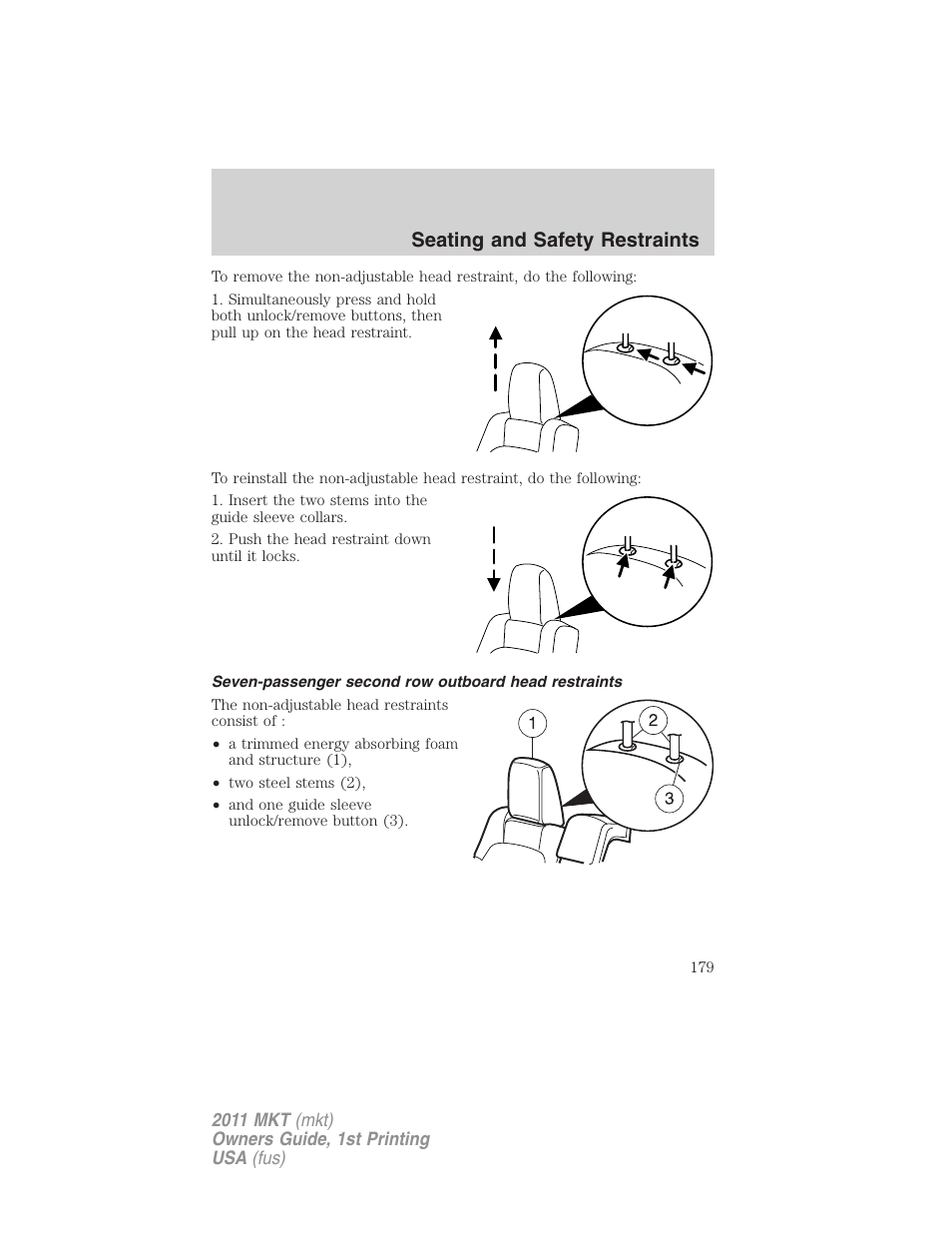 Seating and safety restraints | Lincoln 2011 MKT User Manual | Page 179 / 454