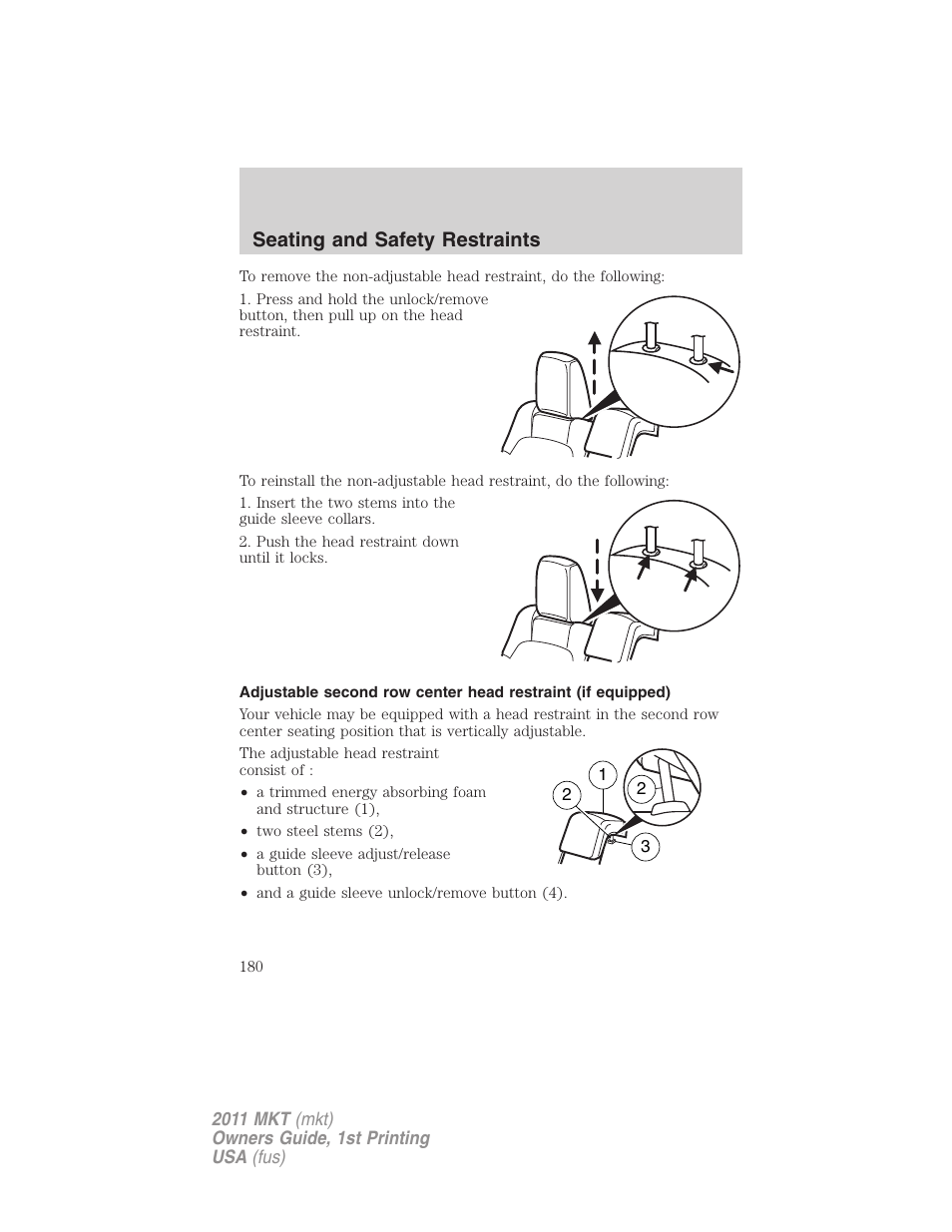 Seating and safety restraints | Lincoln 2011 MKT User Manual | Page 180 / 454