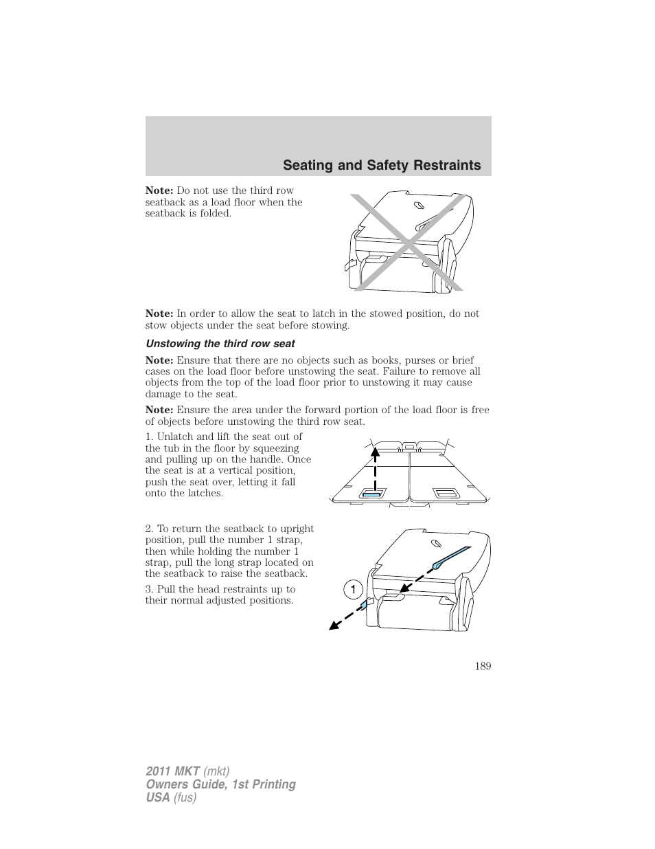 Unstowing the third row seat, Seating and safety restraints | Lincoln 2011 MKT User Manual | Page 189 / 454