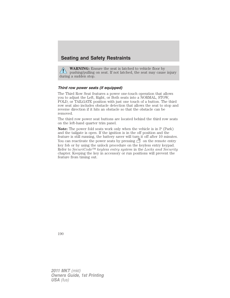 Third row power seats (if equipped), Seating and safety restraints | Lincoln 2011 MKT User Manual | Page 190 / 454