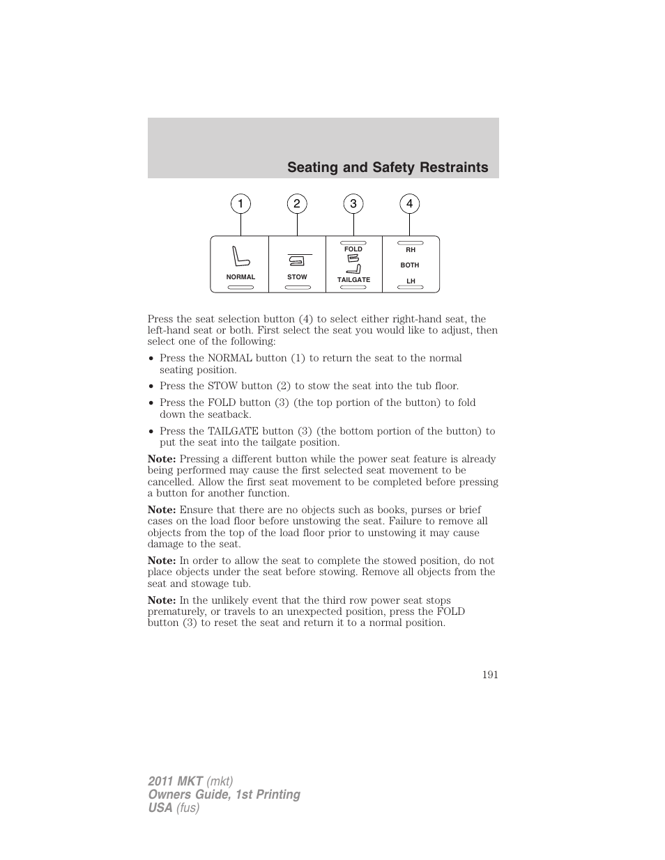 Seating and safety restraints | Lincoln 2011 MKT User Manual | Page 191 / 454