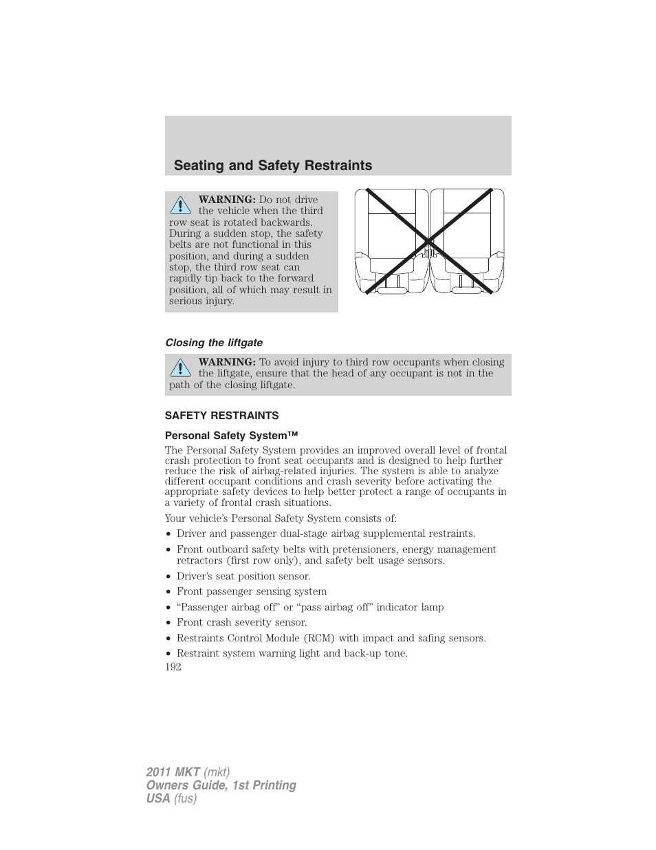 Closing the liftgate, Safety restraints, Personal safety system | Seating and safety restraints | Lincoln 2011 MKT User Manual | Page 192 / 454