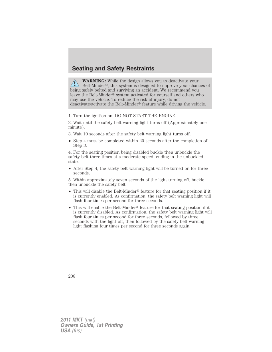 Seating and safety restraints | Lincoln 2011 MKT User Manual | Page 206 / 454