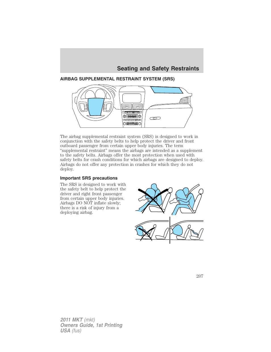 Airbag supplemental restraint system (srs), Important srs precautions, Airbags | Seating and safety restraints | Lincoln 2011 MKT User Manual | Page 207 / 454