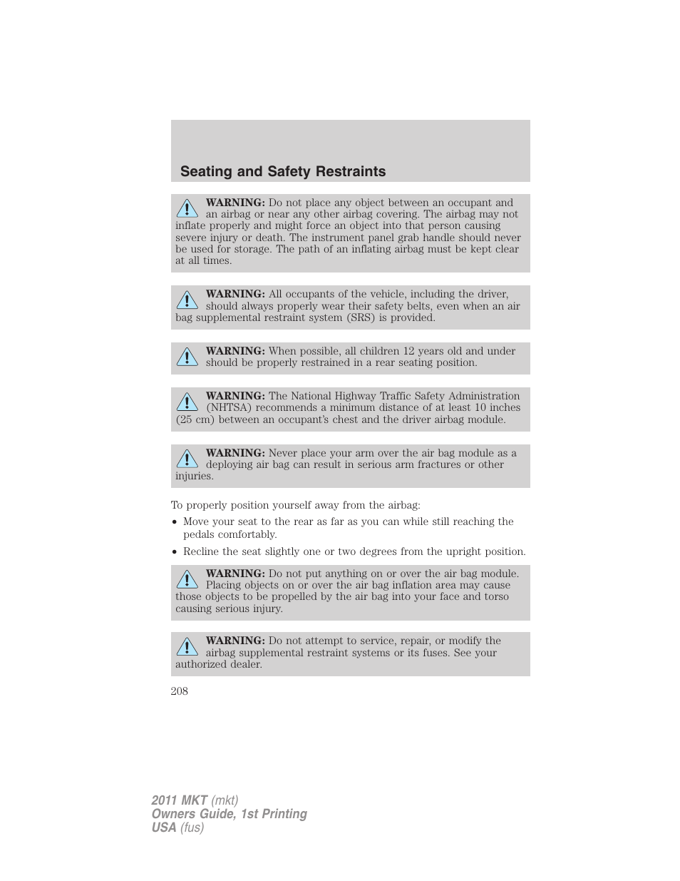 Seating and safety restraints | Lincoln 2011 MKT User Manual | Page 208 / 454