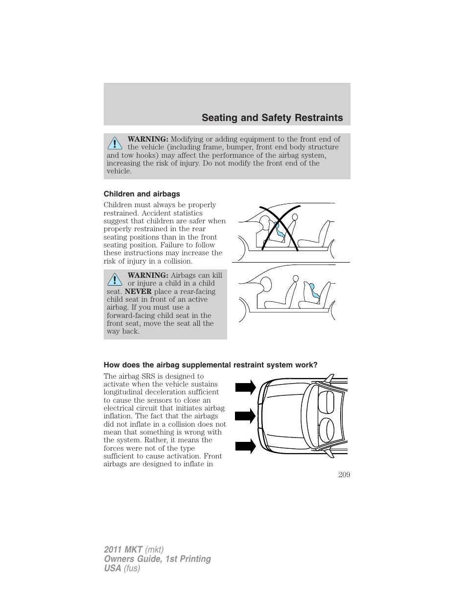 Children and airbags, Seating and safety restraints | Lincoln 2011 MKT User Manual | Page 209 / 454