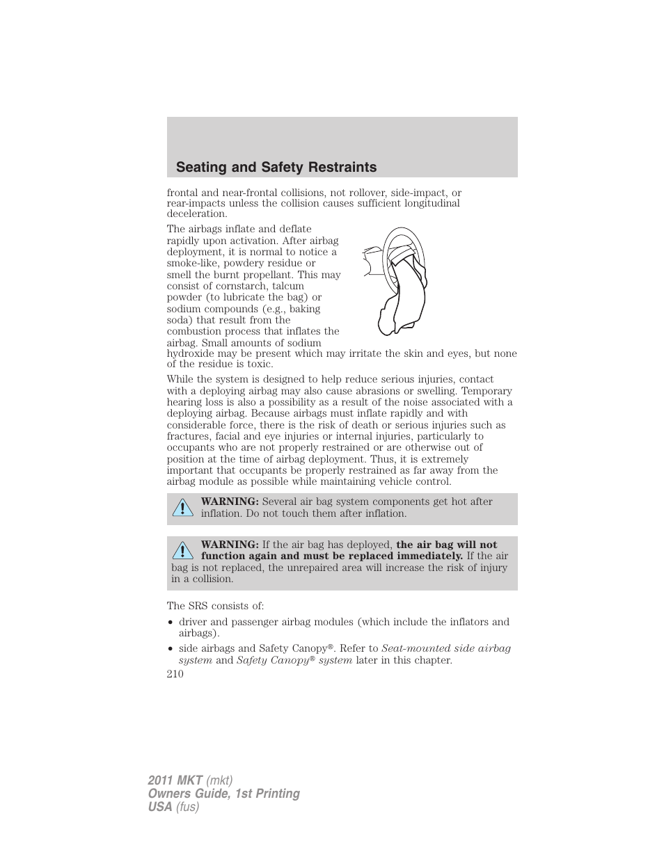 Seating and safety restraints | Lincoln 2011 MKT User Manual | Page 210 / 454