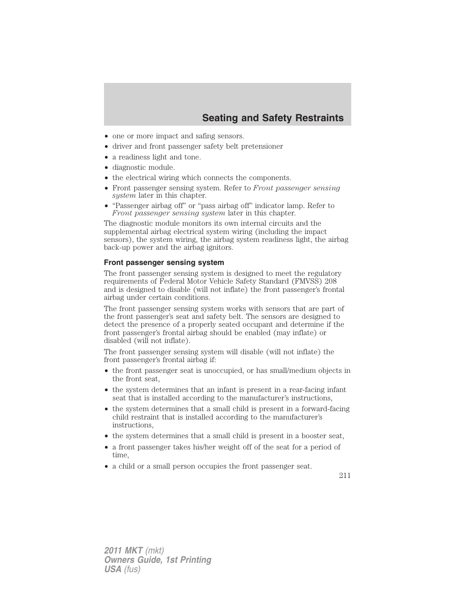 Front passenger sensing system, Seating and safety restraints | Lincoln 2011 MKT User Manual | Page 211 / 454